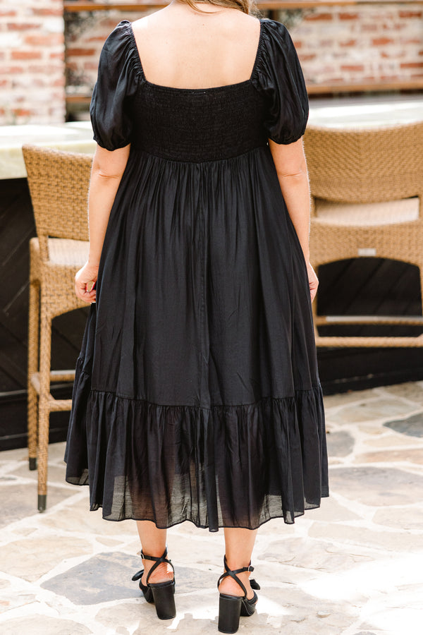 Chic Soul plus size clothing, short sleeve black midi dress with synched chest with sweetheart neckline with puff sleeves and ruffle tier along the bottom