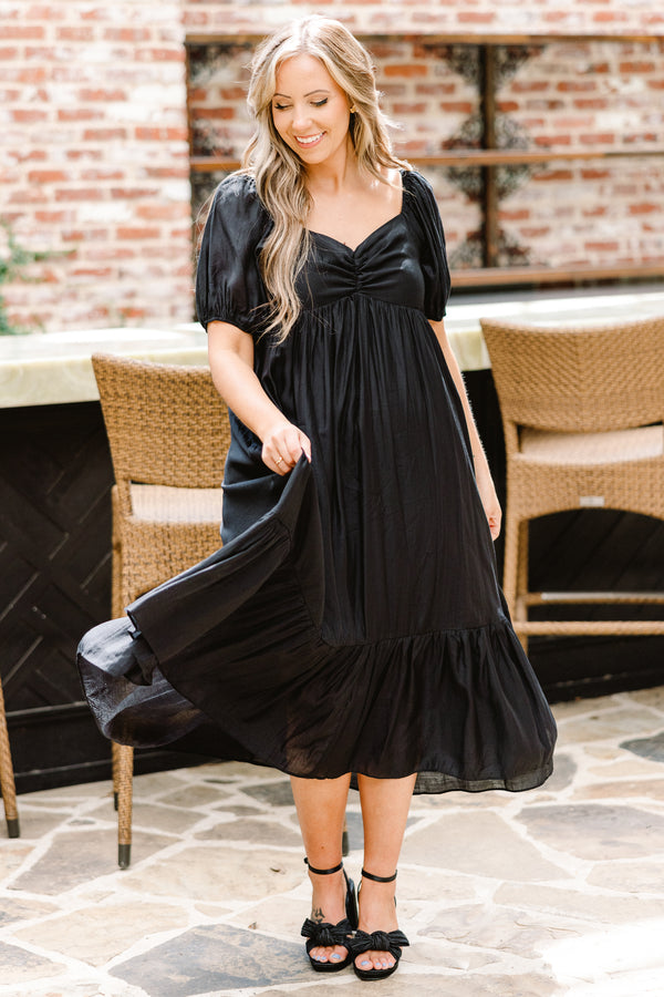Chic Soul plus size clothing, short sleeve black midi dress with synched chest with sweetheart neckline with puff sleeves and ruffle tier along the bottom