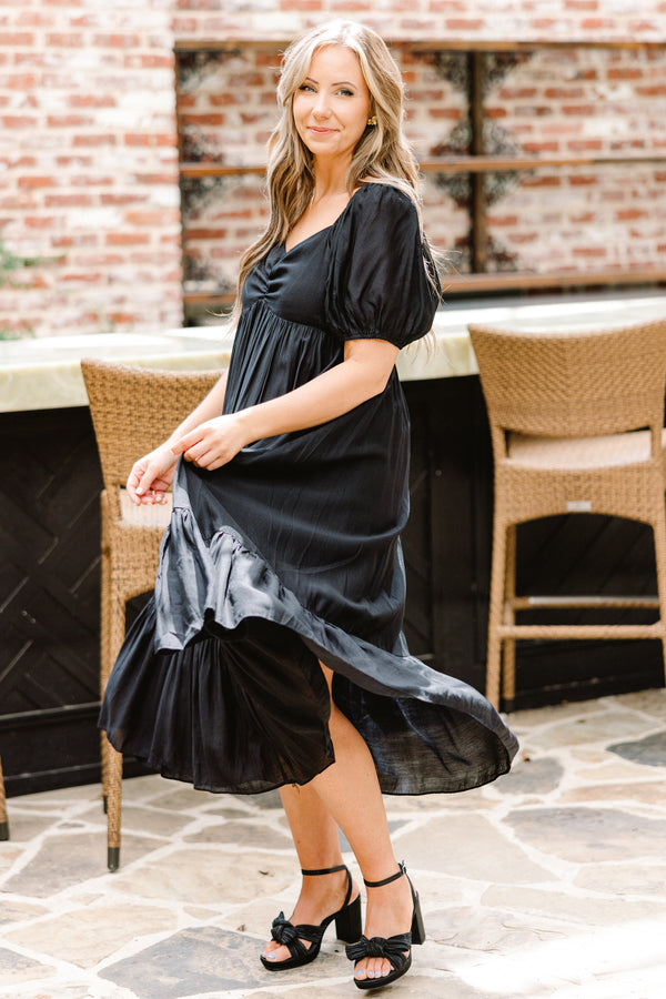 Chic Soul plus size clothing, short sleeve black midi dress with synched chest with sweetheart neckline with puff sleeves and ruffle tier along the bottom