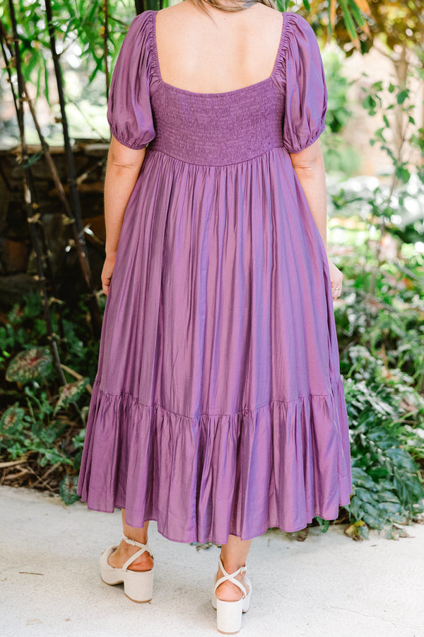 Chic Soul plus size clothing, short sleeve eggplant midi dress with synched chest with sweetheart neckline with puff sleeves and ruffle tier along the bottom