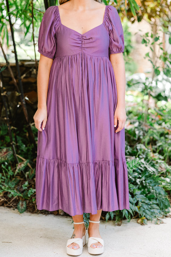 Chic Soul plus size clothing, short sleeve eggplant midi dress with synched chest with sweetheart neckline with puff sleeves and ruffle tier along the bottom