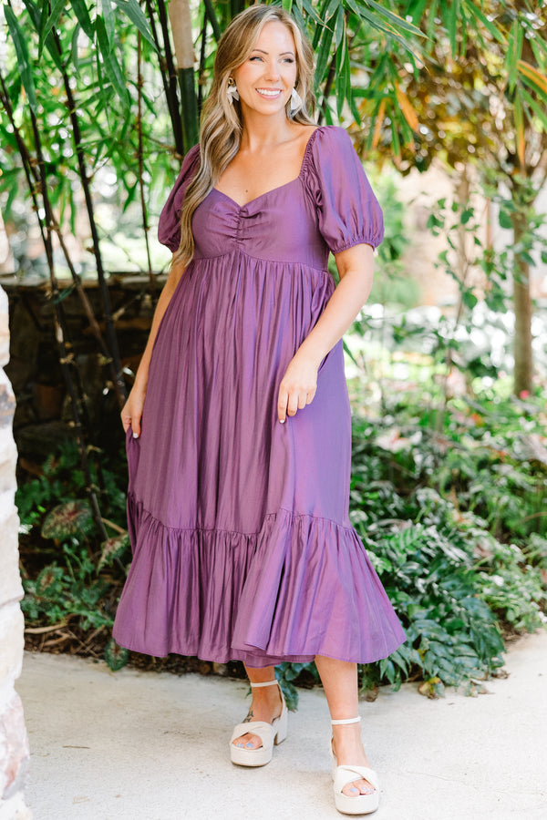 Chic Soul plus size clothing, short sleeve eggplant midi dress with synched chest with sweetheart neckline with puff sleeves and ruffle tier along the bottom
