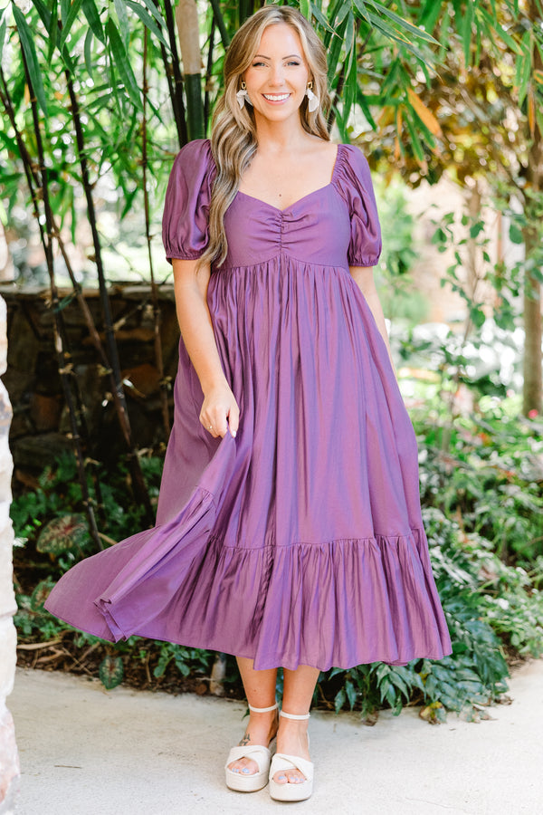 Chic Soul plus size clothing, short sleeve eggplant midi dress with synched chest with sweetheart neckline with puff sleeves and ruffle tier along the bottom