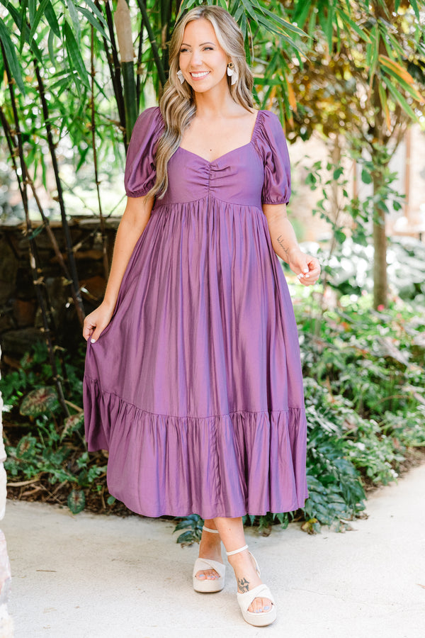 Chic Soul plus size clothing, short sleeve eggplant midi dress with synched chest with sweetheart neckline with puff sleeves and ruffle tier along the bottom
