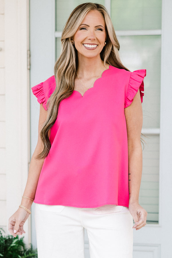 Chic Soul plus size clothing, solid fuchsia tank top with flutter sleeves and a slight scalloped v-neck 