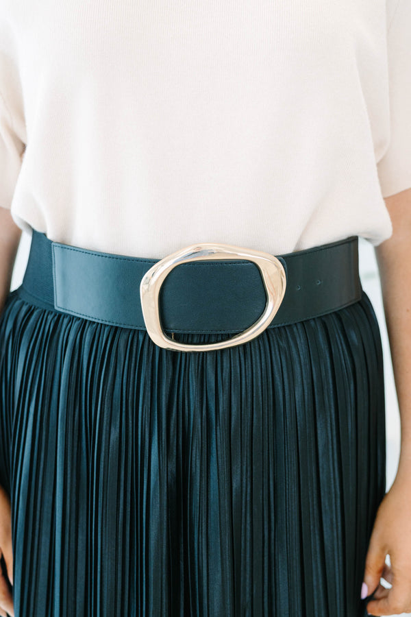 Plus Size black wide faux leather belt with a gold O-shaped buckle 