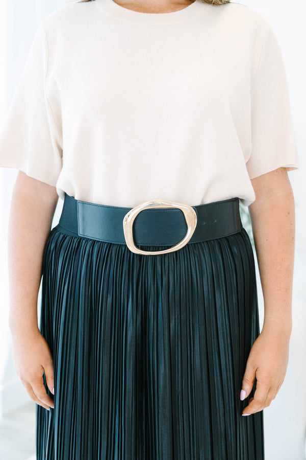 Plus Size black wide faux leather belt with a gold O-shaped buckle 