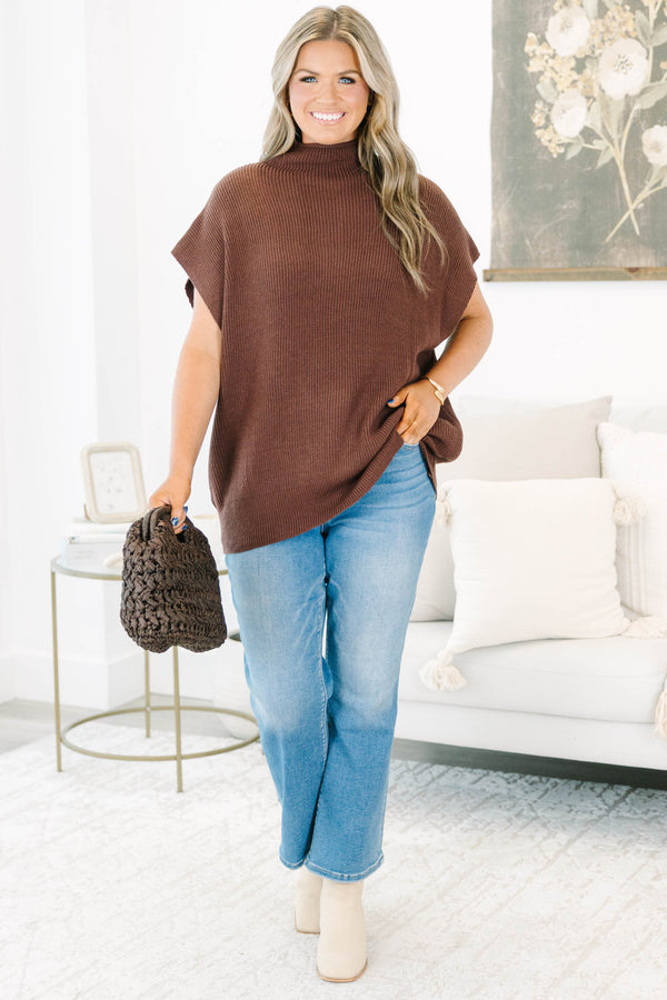 Plus Size brown knit sweater vest with a high mock neckline and oversized cap sleeves.