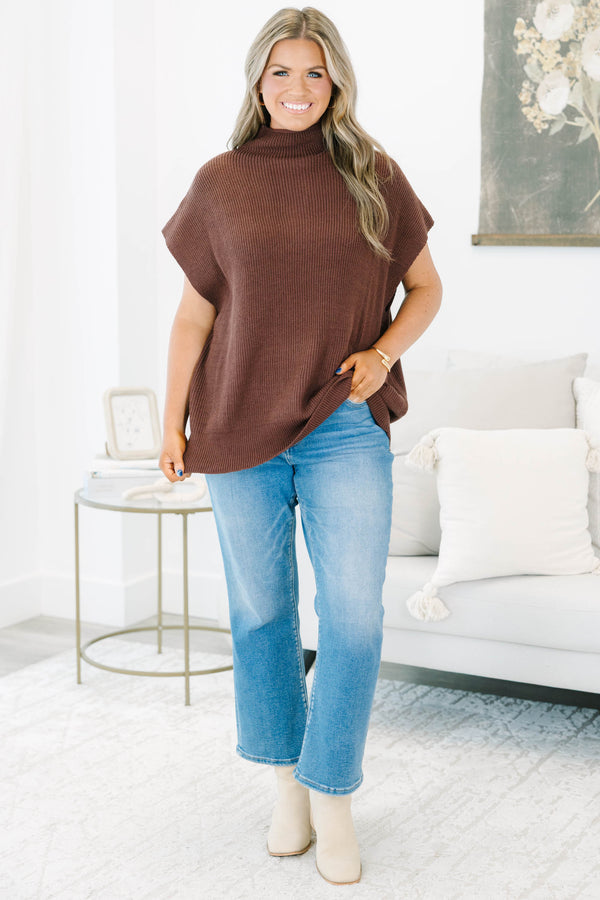 Plus Size brown knit sweater vest with a high mock neckline and oversized cap sleeves.