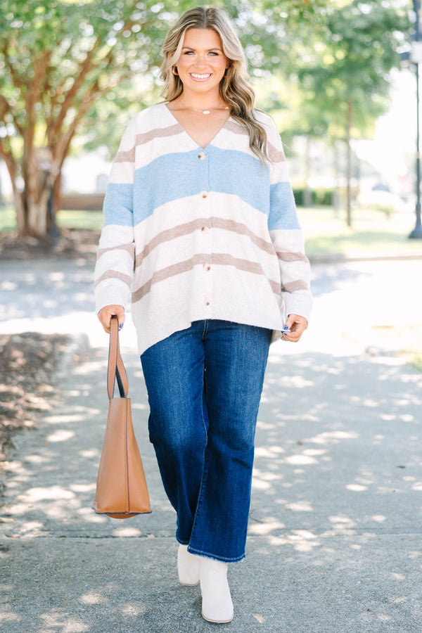 Plus Size oversized v-neck cardigan with brown and blue horizontal stripes and button-down front.
