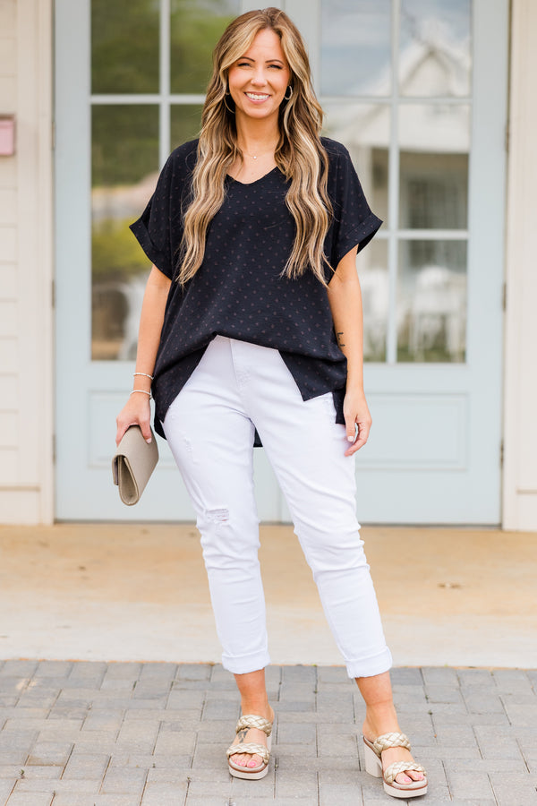 Chic Soul plus size clothing, short sleeve black top with v-neckline and subtle brown polka dots 