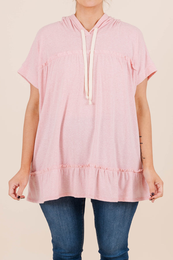 Chic Soul plus size clothing, short sleeve blush hoodie top with ruffle rim detail