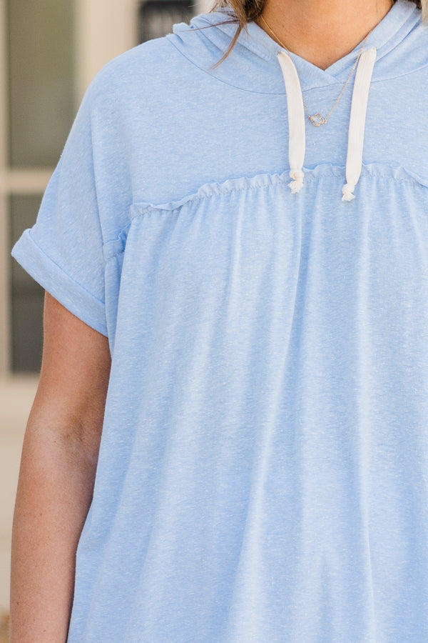 Chic Soul plus size clothing, sky blue short sleeve hoodie top with hoodie and drawstring detail with ruffle along bottom