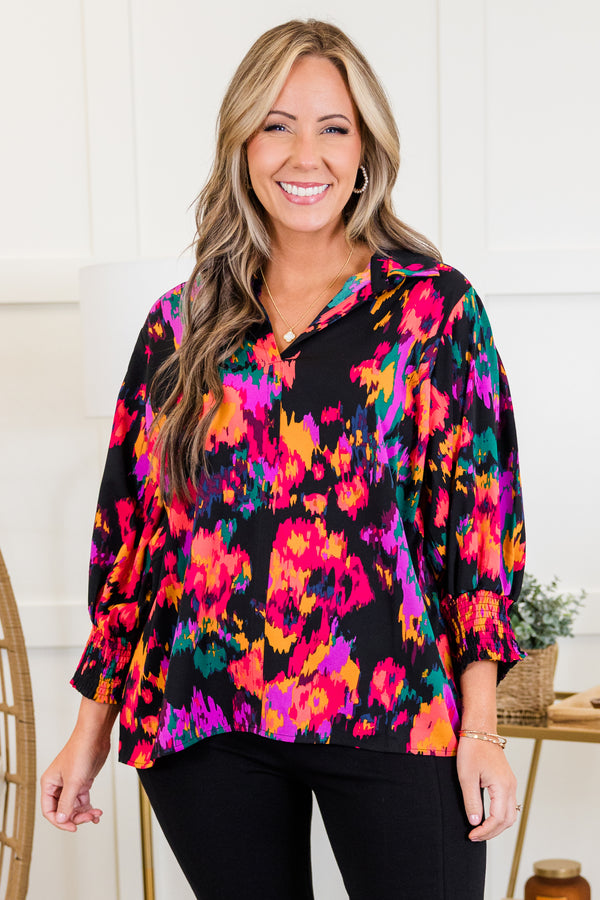 Chic Soul plus size clothing, black mix long sleeve abstract multi pattern top with v neckline and collar detail with smocked cuff sleeves