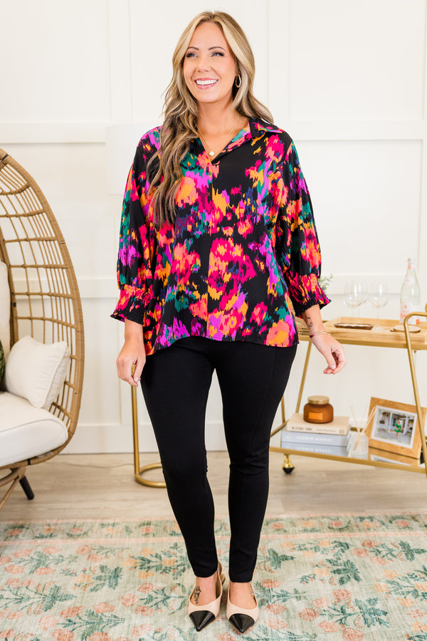 Chic Soul plus size clothing, black mix long sleeve abstract multi pattern top with v neckline and collar detail with smocked cuff sleeves