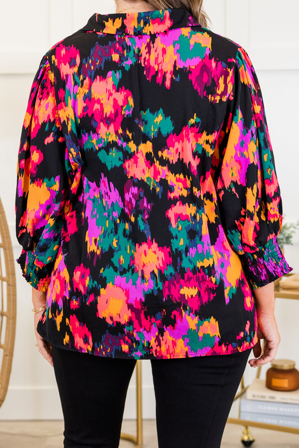 Chic Soul plus size clothing, black mix long sleeve abstract multi pattern top with v neckline and collar detail with smocked cuff sleeves