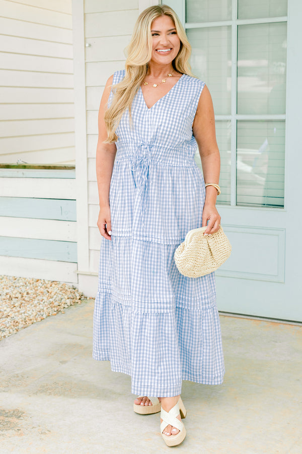 Chic Soul plus size clothing, Blue gingham maxi dress with a slight v-neck and two tie bows across the waist 