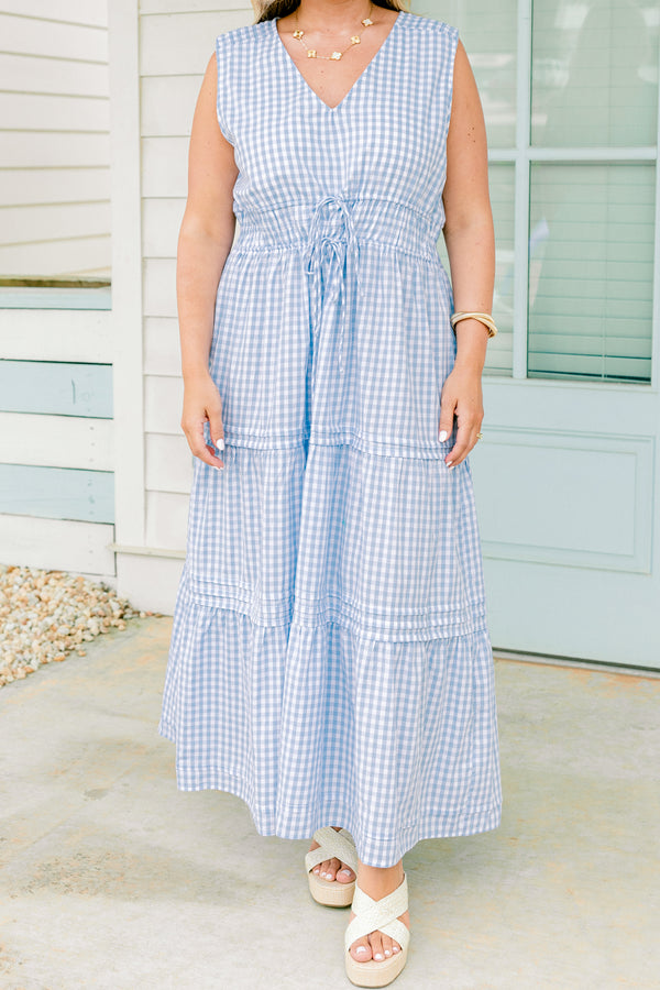Chic Soul plus size clothing, Blue gingham maxi dress with a slight v-neck and two tie bows across the waist 