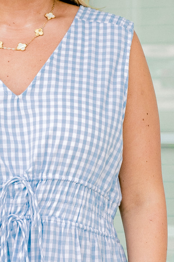 Chic Soul plus size clothing, Blue gingham maxi dress with a slight v-neck and two tie bows across the waist 