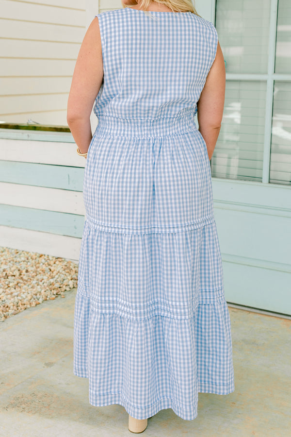Chic Soul plus size clothing, Blue gingham maxi dress with a slight v-neck and two tie bows across the waist 