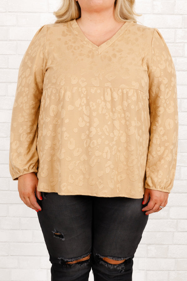 Chic Soul plus size clothing, beige leopard pattern long sleeves babydoll top