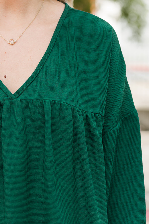 Chic Soul plus size clothing, hunter green long sleeve babydoll top with v neckline and cuffed bubble sleeves