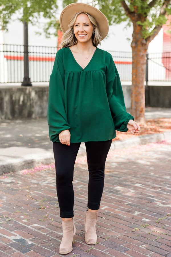 Chic Soul plus size clothing, hunter green long sleeve babydoll top with v neckline and cuffed bubble sleeves