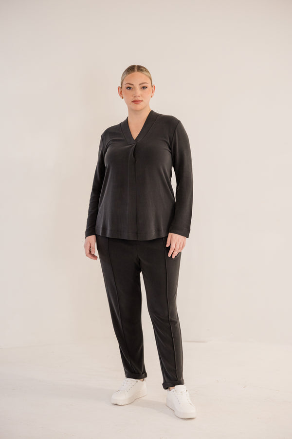 Chic Soul plus size clothing, black slim fit tapered ankle pant with pintuck and cuffed ankle detail