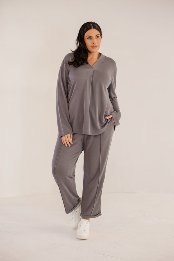Chic Soul plus size clothing, castle rock grey slim fit tapered ankle pant with pintuck and cuffed ankle detail