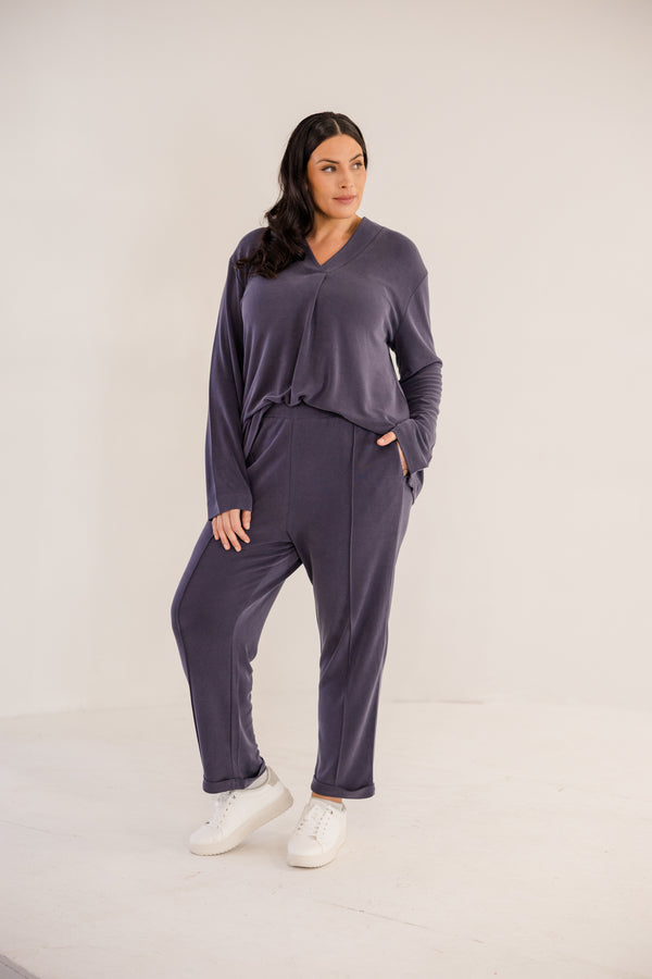 Chic Soul plus size clothing, ink navy slim fit tapered ankle pant with pintuck and cuffed ankle detail