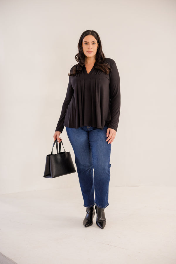 Chic Soul plus size clothing, black long sleeve flowy top with v neckline and pleated detail in front