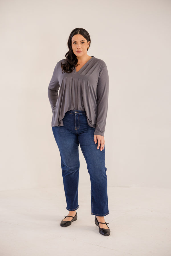 Chic Soul plus size clothing, castle rock grey long sleeve flowy top with v neckline and pleated detail in front