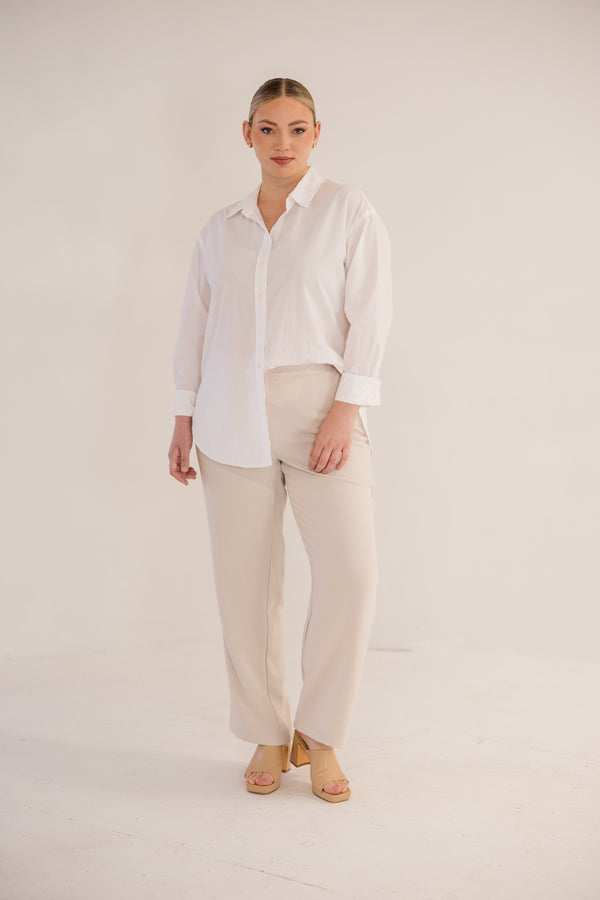 Chic Soul plus size clothing, stone straight leg pant with elastic back waistband with button closure in front with pockets
