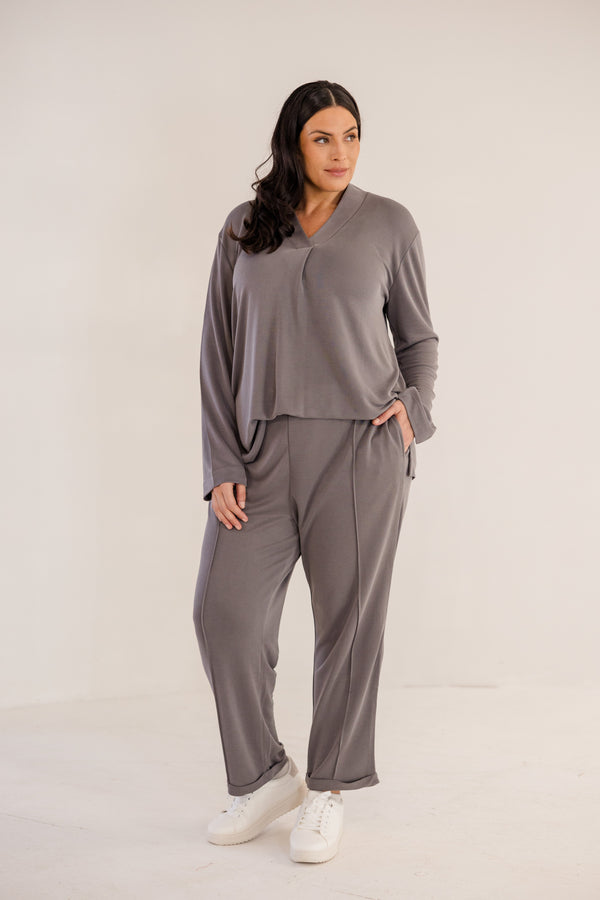 Chic Soul plus size clothing, castle rock grey v neck a-line long sleeve flowy top
