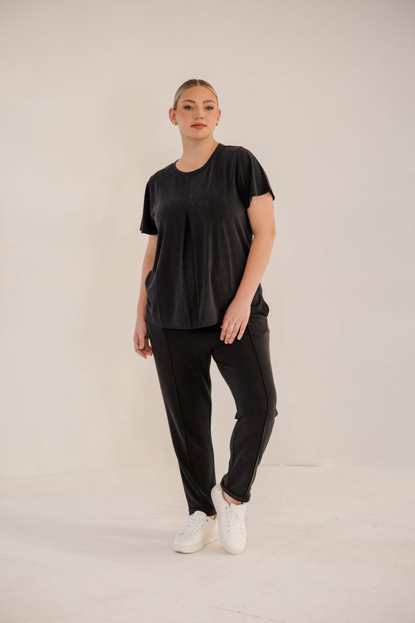Chic Soul plus size clothing, black short sleeve flowy top with pleated detail with round neckline