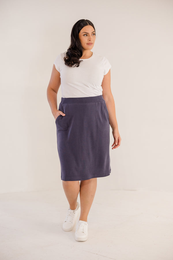 Chic Soul plus size clothing, bink navy knee length a-line skirt with elastic waistband and side pockets