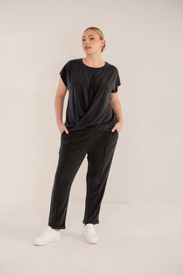 Chic Soul plus size clothing, black slim fit tapered ankle pant with pintuck and cuffed ankle detail