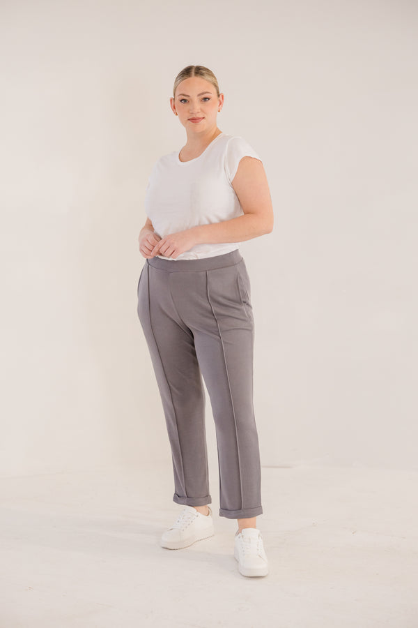 Chic Soul plus size clothing, castle rock grey slim fit tapered ankle pant with pintuck and cuffed ankle detail