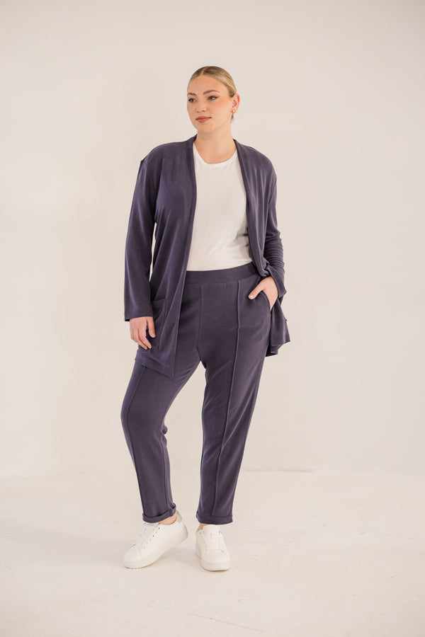 Chic Soul plus size clothing, ink navy slim fit tapered ankle pant with pintuck and cuffed ankle detail