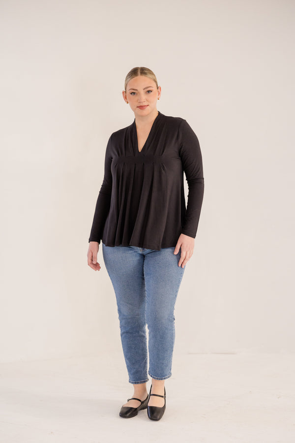 Chic Soul plus size clothing, black long sleeve flowy top with v neckline and pleated detail in front