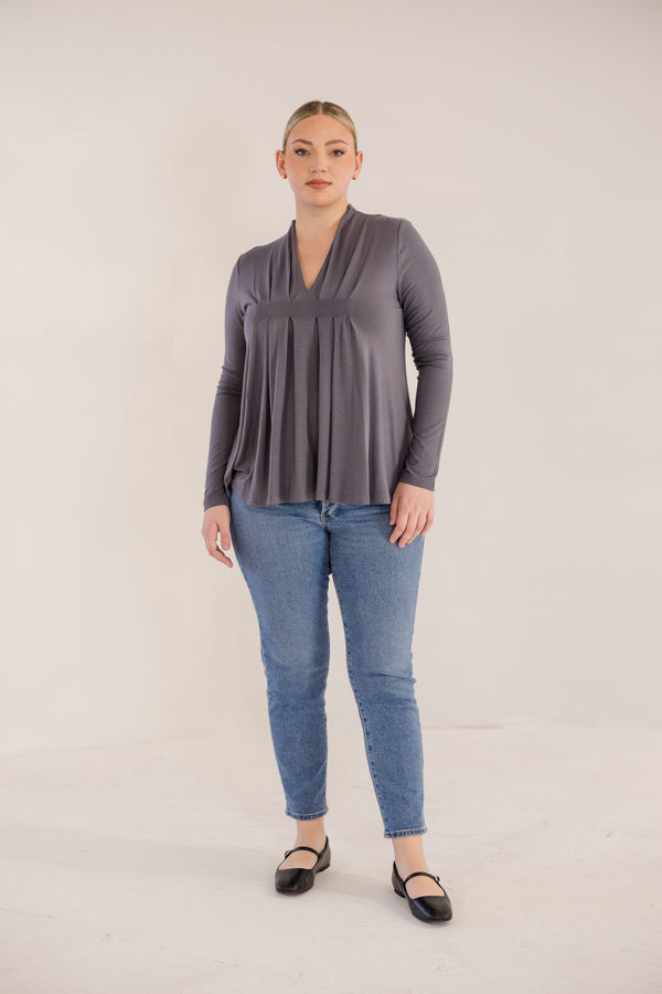 Chic Soul plus size clothing, castle rock grey long sleeve flowy top with v neckline and pleated detail in front