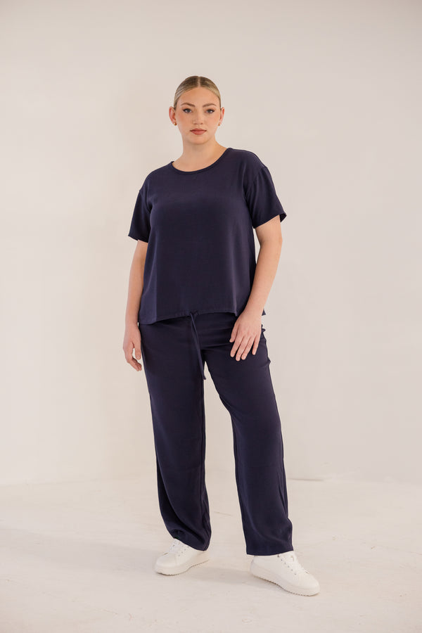 Chic Soul plus size clothing, ink navy short sleeve front tie top with cinched detail on bottom with tie detail