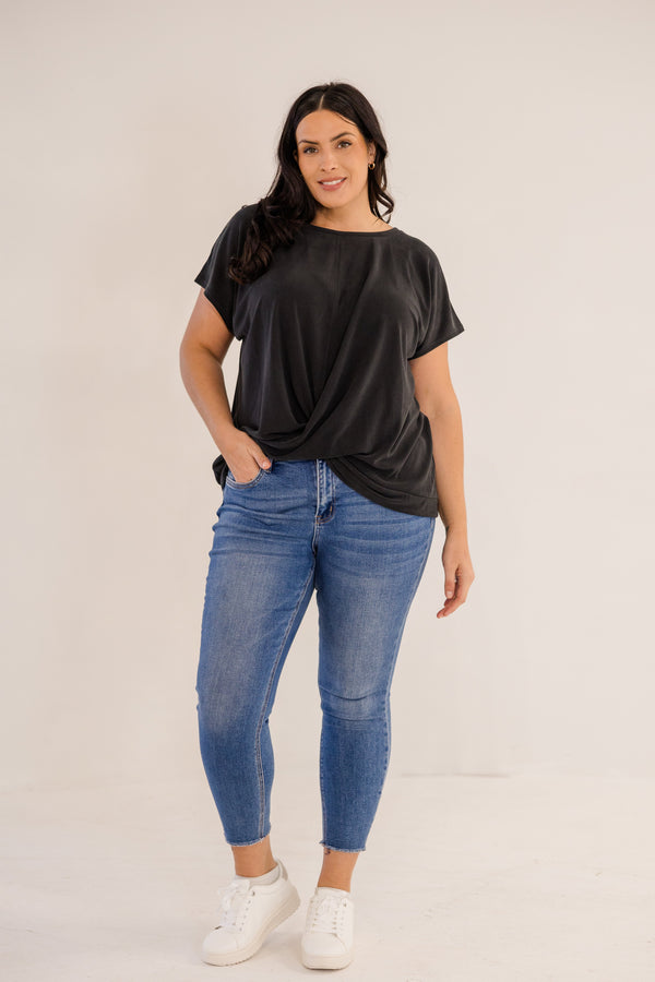 Chic Soul plus size clothing, black short sleeve flowy top with cross front detail with round neckline