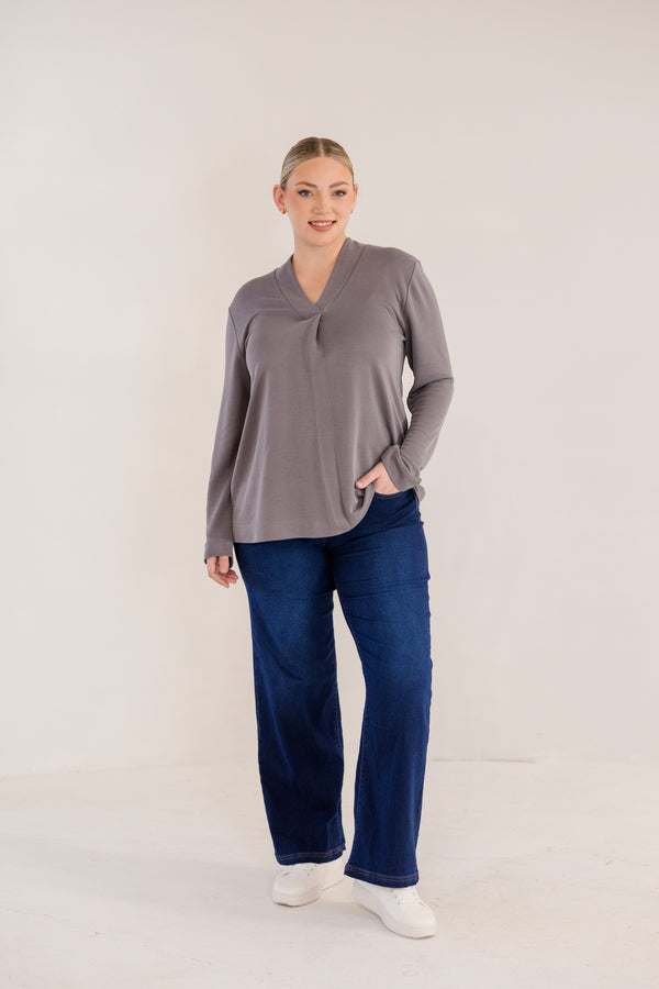 Chic Soul plus size clothing, castle rock grey v neck a-line long sleeve flowy top