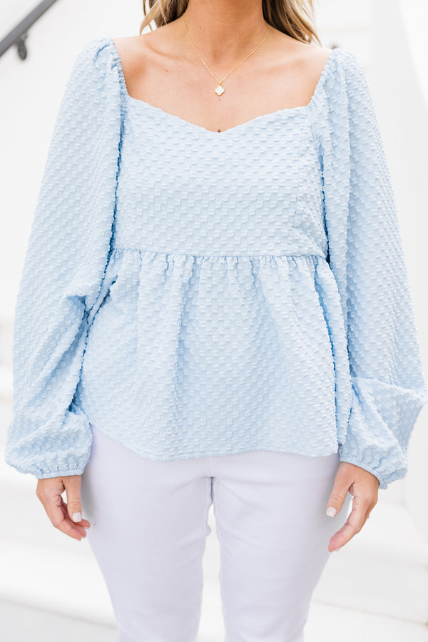 Chic Soul plus size clothing, blue long sleeve textured print top with square neckline with cuff sleeves and ruffle along bottom
