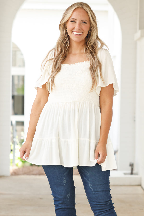 Chic Soul plus size clothing, ivory flowy top with a smocked bodice and flowy sleeves