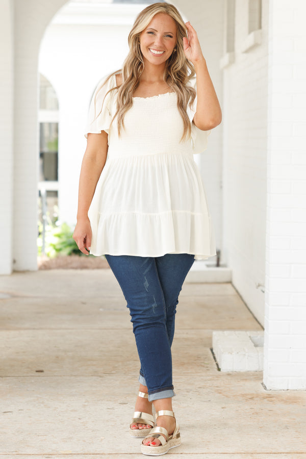 Chic Soul plus size clothing, ivory flowy top with a smocked bodice and flowy sleeves