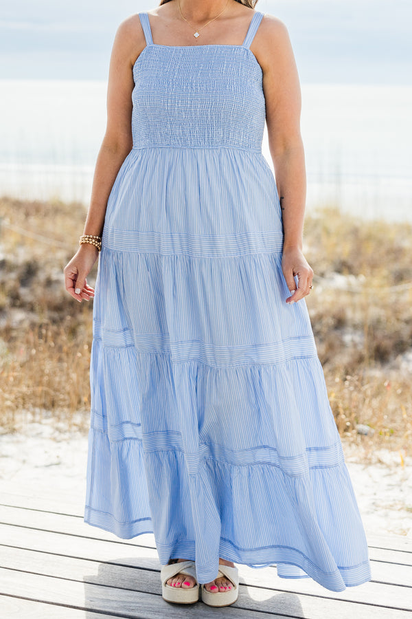 Chic Soul plus size clothing, sleeveless strap ruffled blue baby doll maxi dress with a smocked bodice and subtle darker blue stitching along the skirt 