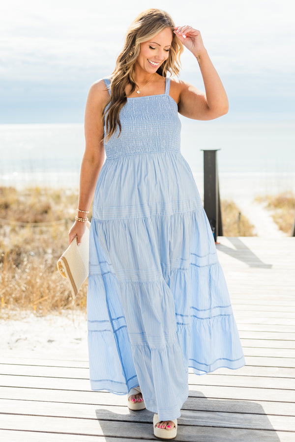 Chic Soul plus size clothing, sleeveless strap ruffled blue baby doll maxi dress with a smocked bodice and subtle darker blue stitching along the skirt 