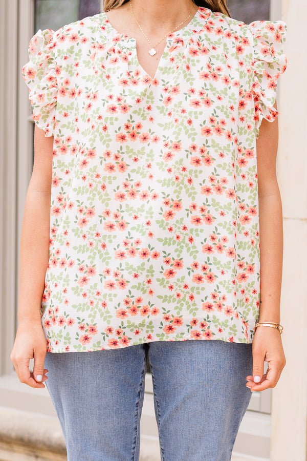 Chic Soul plus size clothing, white sort sleeve floral print top with flutter sleeves and v cutout along neckline